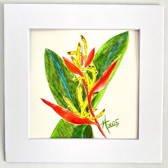 Heliconia Pop Original Watercolor Painting 8x8in White Mat Frame Ready - Picture 2 of 6